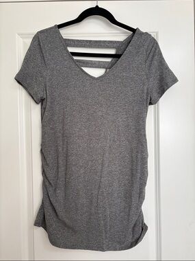 Grey Short Sleeve V-Neck Tee with Back Strap Detail